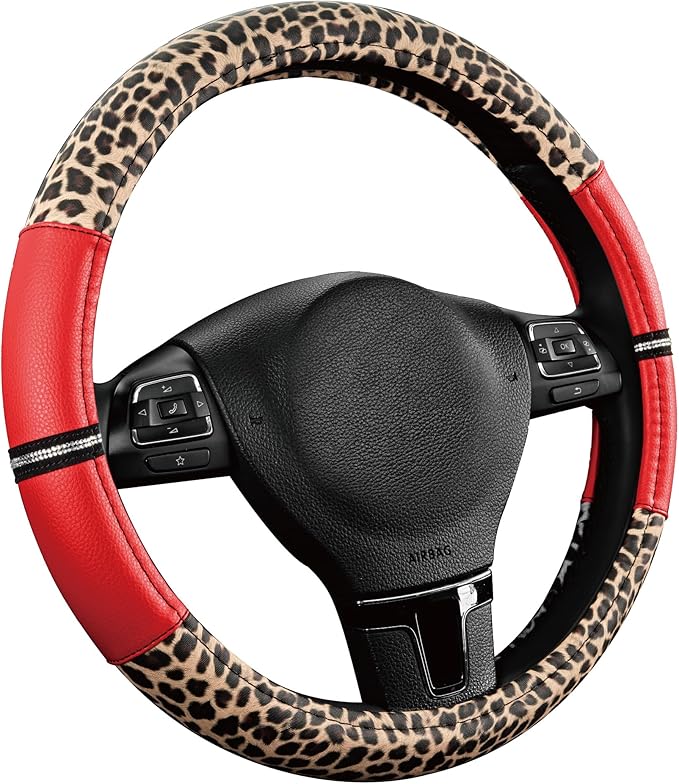 Road Comforts Leopard Steering Wheel Cover - Made with PVC Leather Cheetah Print - Anti-Slip, Universal Fit 14 1/2 inches to 15 inches - Red