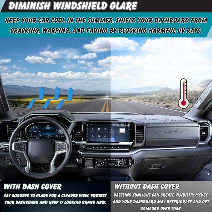 Non-Slip Dash Cover Mat Sunshield Protector Pad Compatible with Chevy Chevrolet Silverado 2022-2024 2025/ for GMC Sierra 1500 / Sierra 2500HD / 3500HD 2024 2025 Dashboard Cover (Red Trim)