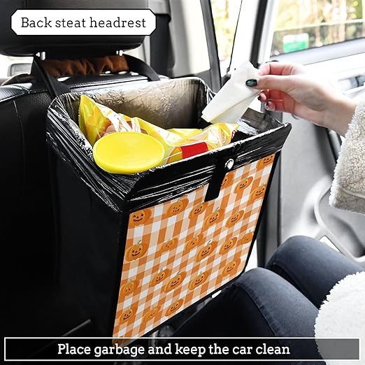 Car Trash Can Organizer Bin with Adjustable Strap for Back Front Seat Console Waterproof Leakproof Collapsible Portable 8.66 Inch Halloween Orange Plaid Pumpkin Heads