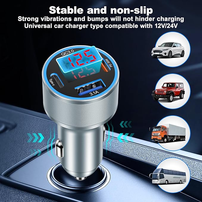 USB C Car Charger, 65W 4-Ports USB Fast Charging PD30W Cigarette Lighter Charger Adapter Digital Voltage Display with 2X USB Cables for iPhone 16 15 14 13, Samsung Galaxy S25 S24 S23, iPad & Tablets