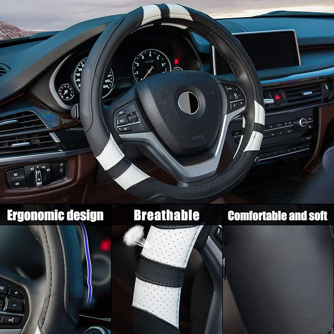 Achiou White Car Steering Wheel Cover Universal 15 inch with Grip Contours, Leather Auto for Men and Women Non-Slip Breathable Soft and Comfortable