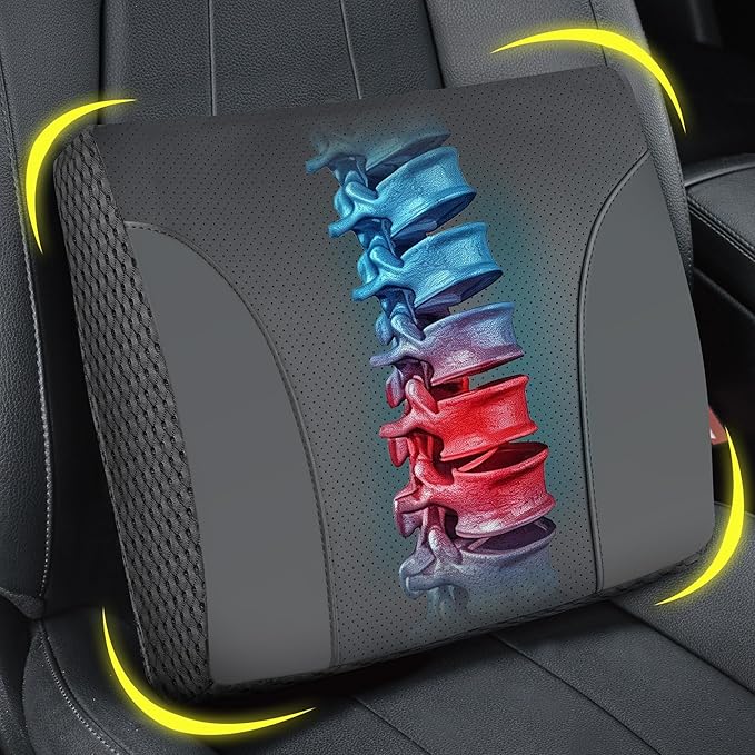 Lumbar Support Pillow for Car: Ergonomic Memory Foam Lumbar Pillow for Long Drives, Lower Back Support for Pain Relief, Dual Adjustable Straps, Back Cushion for Car Seat, Office Chair - Black