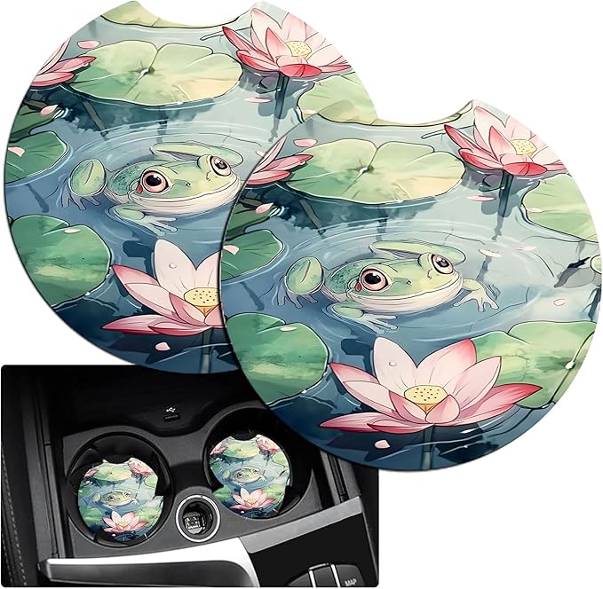 JANENFNA Car Armrest Cover Pads Universal Fashion Cute Auto Center Console Armrest Cover Pad with 2PCS Car Coasters Soft Waterproof Car Armrest Seat Protector for Women,Cute Frog in Pond