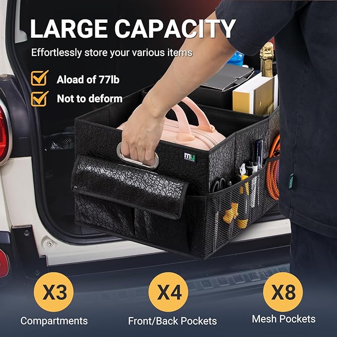 MIU COLOR Trunk Organizer for SUV, Sturdy Car Organizer, Non-Slip Bottom, Folded Storage Organizer for Sedan, Van, Jeep, Grocery, Car Accessories, Large 3 Compartments, Art Black,32"×13"×10.6"