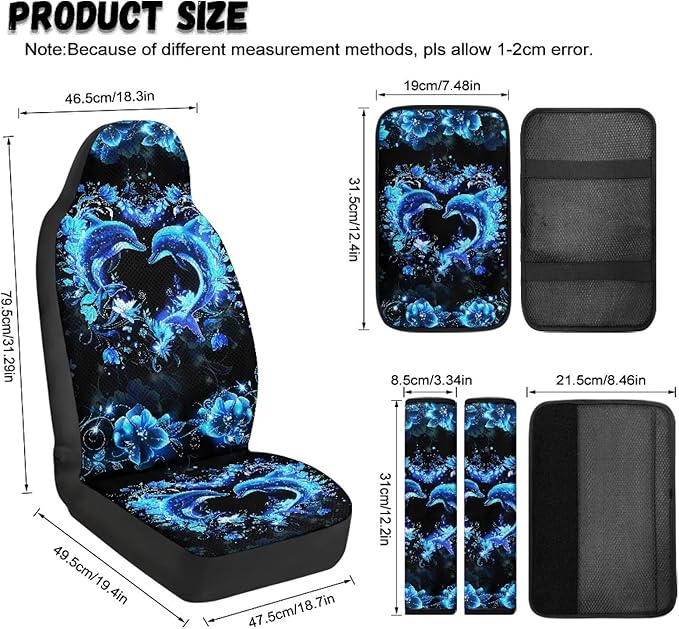 Psesaysky Dolphin Heart Car Accessories 5-Piece Set, Car Seat Protector Set, 2 Front Seat Covers, 2 Seat Belt Sleeves, 1 Armrest Pad Auto Interior Protection Set
