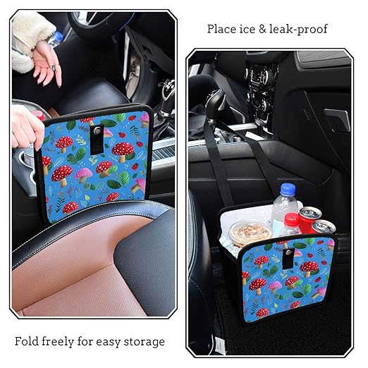 Car Trash Can Organizer Bin with Adjustable Strap for Back Front Seat Console Waterproof Leakproof Collapsible Portable 11 Inch Bright Blue Mushrooms Leaves and Ladybugs