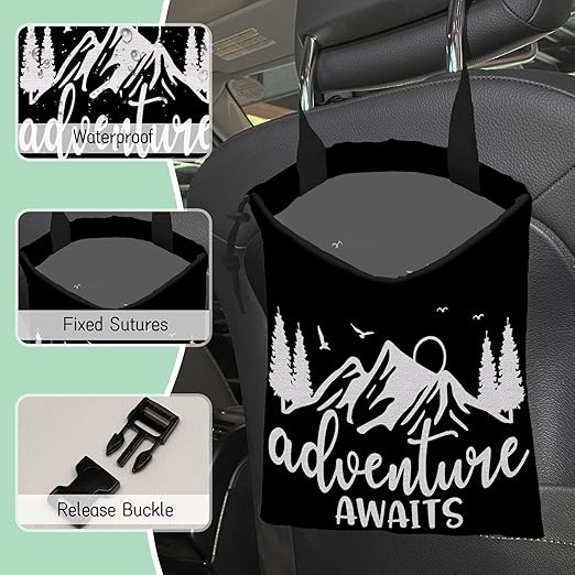 NHNXHWIA Adventure Awaits Car Garbage Bag,Nature Mountain Waterproof Small Car Trash Bag Hanging Back of Seat,Drawstring Hanging Car Trash Bag with Adjustable Buckle for Car Accessories