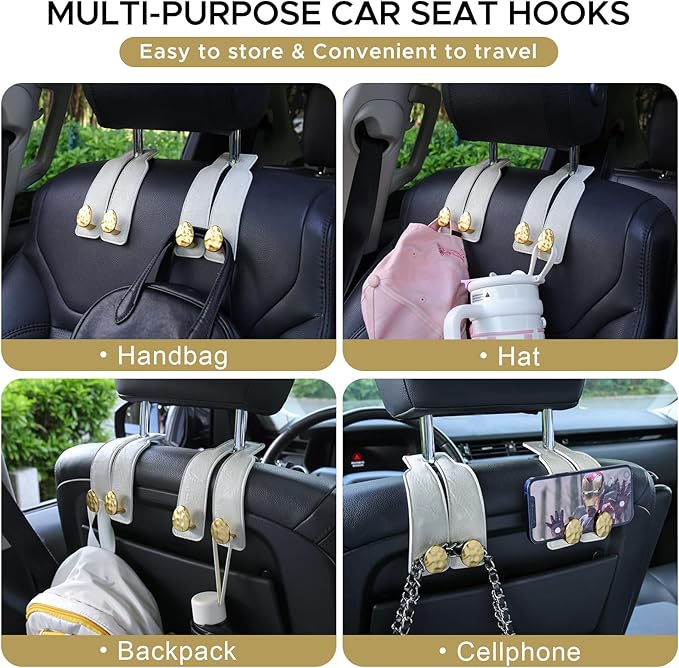 URIZZD 2PCS Leather Car Seat Hooks for Headrest, Vehicle Hanger Storage Organizer Universal for Handbag Purse, Car Accessories Gift (White-Gold)