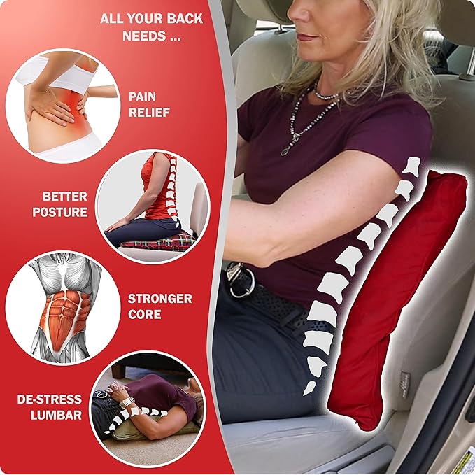 AJUVIA QiPillow - Pain Relieving Lumbar Support Throw Pillows for Couch, 18x18in Inflatable Ergonomic Back Support Square Pillow for Car, Chair and Recliner (Burgundy)