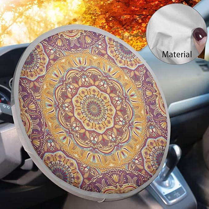 Boho Mandala Flower Pattern Steering Wheel Sun Shade for Women Heat Resistant Steering Wheel Sun Cover Steering Wheel Sunblock Cover Vehicle Accessories for SUV Car Truck Van