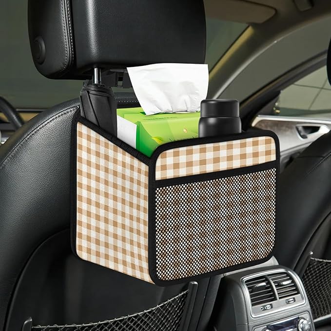 Gingham Light Brown Car Backseat Organizer PU Leather Truck Back Seat Trash Bag Universal Hanging Storage Box Travel Accessories Foldable