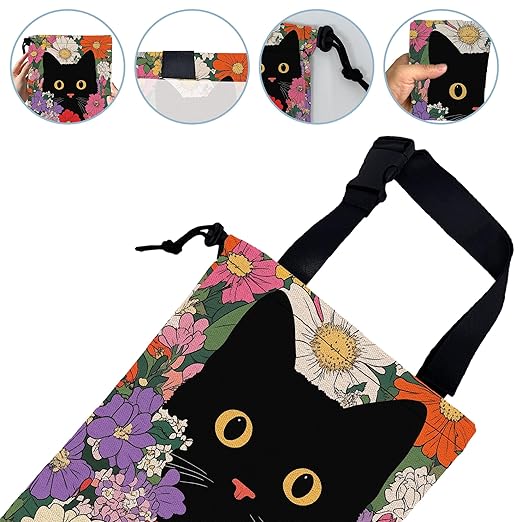 Black Cat on Colorful Flowers Car Garbage Bag,Small Car Trash Bag Hanging,Drawstring Car Garbage Bag with Adjustable Buckle for Car Back Seat,SUVs,Camping,Road Trips