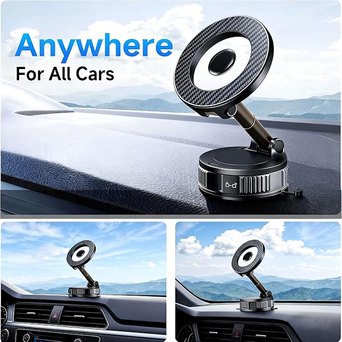 RainChic Magnetic Car Phone Holder for MagSafe, 120+ LB Suction Cup & 2800gf Magnetic Force, 360° Adjustable Mount for iPhone Pro Max/Plus & MagSafe-Compatible Android Phones (CHH12)