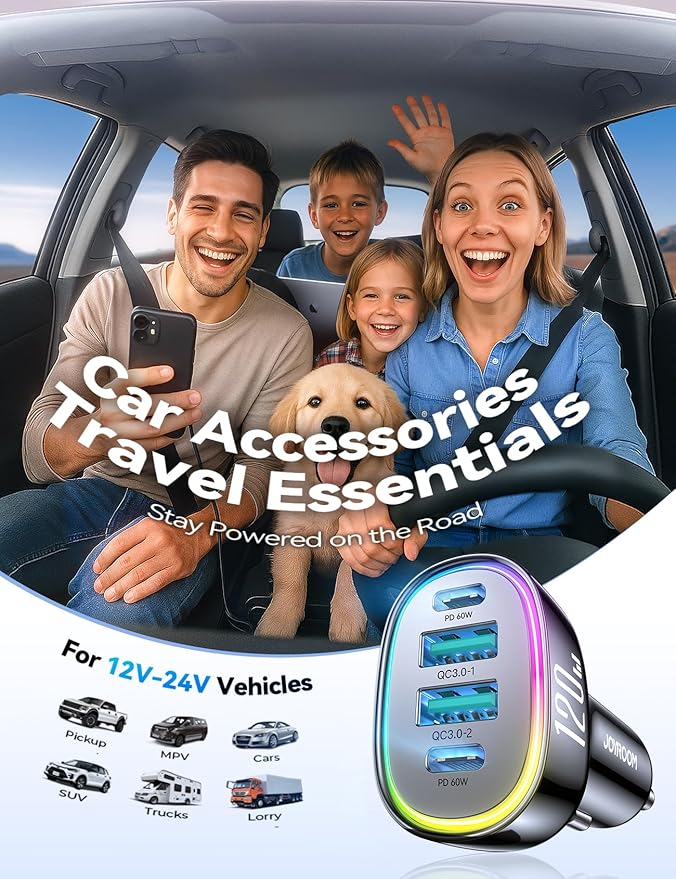 120W for iPhone 17 Pro Car Charger USB C, 4-Port Car Charger Fast Charging, PD&QC3.0 Type C Car Phone Charger, Cigarette Lighter Adapter, Car Accessories for iPhone 16 16e 15 17 Air Pro Max, Samsung