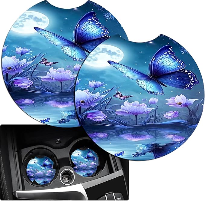 JANENFNA Car Armrest Cover Pads Universal Fashion Cute Auto Center Console Armrest Cover Pad with 2PCS Car Coasters Soft Waterproof Car Armrest Seat Protector for Women,Blue Butterfly