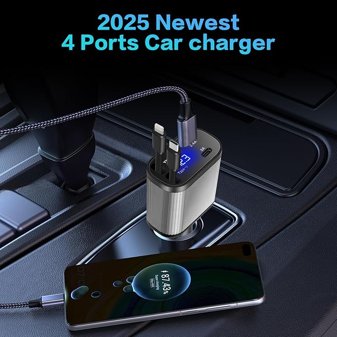 Retractable Car Charger, 4-in-1 Fast Charging with Dual Retractable Cables, USB-C and USB-A Car Adapter for iPhone 17 16 15 14 13 Pro Max, Samsung Galaxy, Pixel, Android Devices