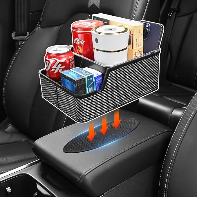 Car Seat Organizer with Compartment,Car Armrest Extra Storage Box Truck Floor Hump Organizer, Front Seat Organizer,Center Console Cup Holder Tray fit for Car SUVS Pickup Truck (Black)