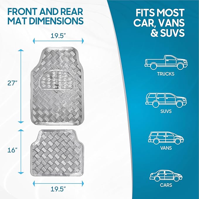 BDK Metallic Chrome Car Floor Mats All Weather Versatile Fit Automotive Floor Mats for Cars SUVs, Floor Mat for Trucks, Car Mats Full Set Front & Rear, Non-Slip Shiny Durable Heavy Duty - Silver