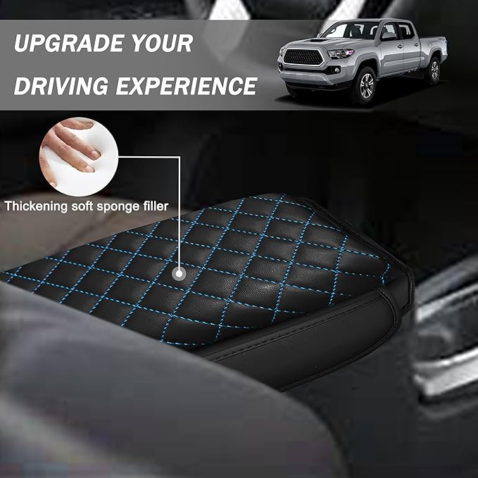 1.2in Thickness Center Console Cover for Tacoma Accessories 2024 2025 2026 Armrest Cover Leather Armrest Box Lid Protector Cushion Pad with Pockets Interior (Blue Stitch)