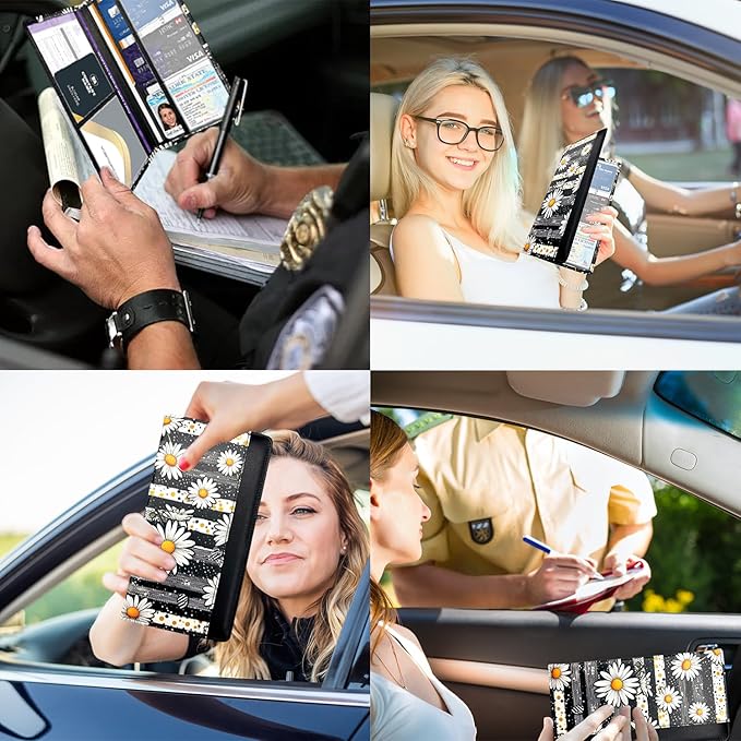 FinestHouse Car Registration and Insurance Holder with Magnetic Closure, Universal Document Organizer for License, Insurance Cards & Glove Box Storage (Daisy)