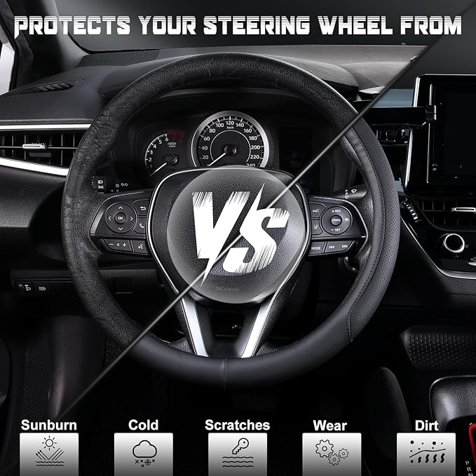 SEG Direct Steering Wheel Cover for 14.5-15 inch Wheels, Breathable PU Leather with Perforated Sides, Anti-Slip Grip, Universal Fit for Cars & SUVs, Black