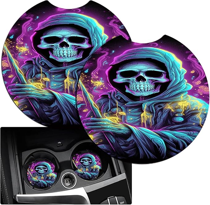 JANENFNA Car Armrest Cover Pads Universal Fashion Cute Auto Center Console Armrest Cover Pad with 2PCS Car Coasters Soft Waterproof Car Armrest Seat Protector for Women,Skull Death