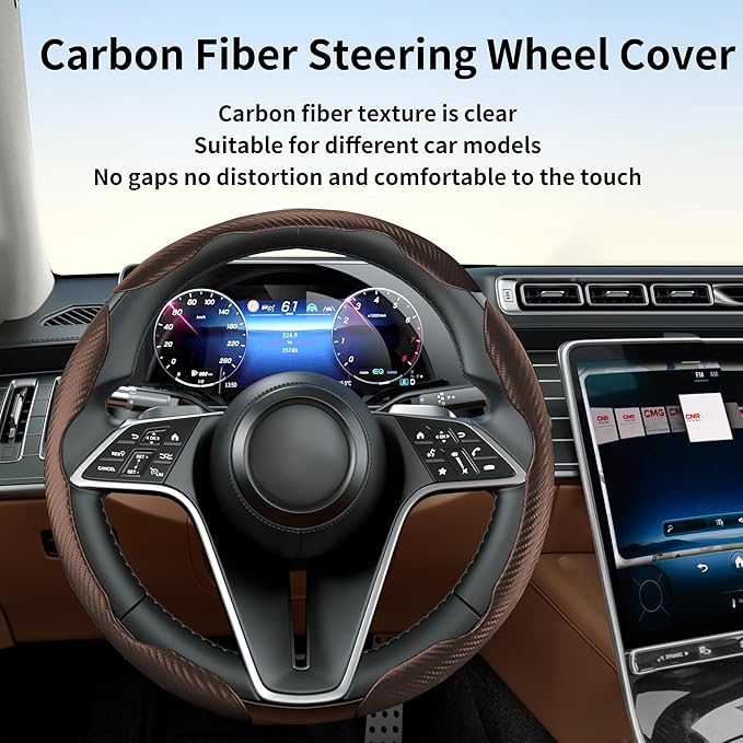 LevChall Carbon Fiber Steering Wheel Cover, 3-Piece Set Anti-Skid Comfortable Grip Segmented Butterfly Design, Easy Snap-On Installation Universal Fit 99% Cars, Brown