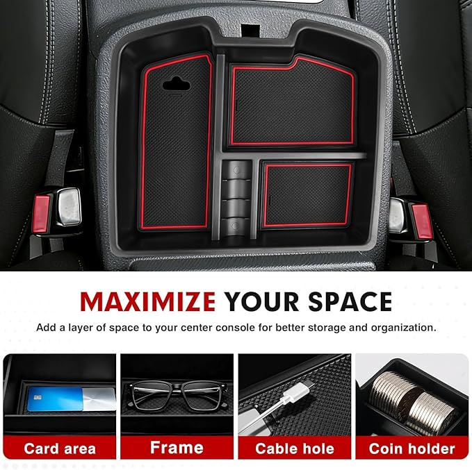 Autorder Center Console Organizer for 2007-2014 Chevy Silverado Tahoe Suburban Avalanche/GMC Sierra Yukon Accessories - Floor Mounted Center Console Only - Black & Red Slip Mats