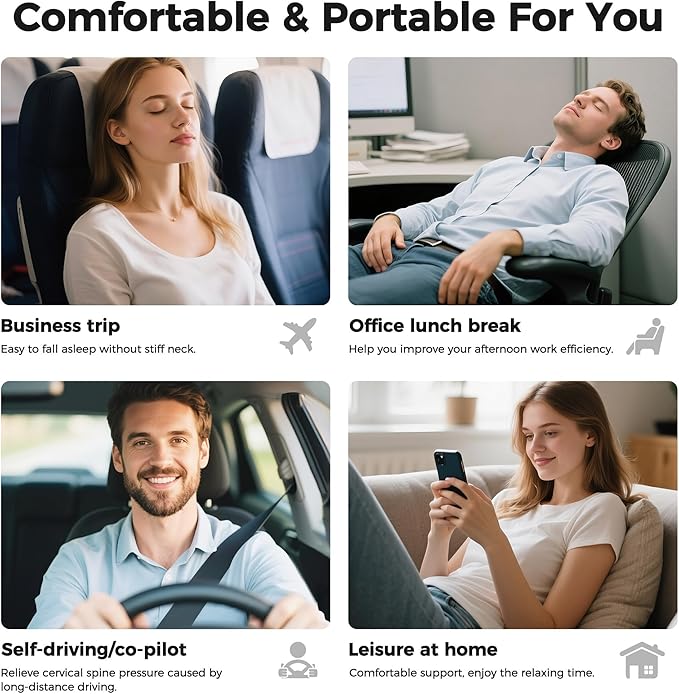HiztoBlo Neck Pillow for Traveling, Travel Pillows for Airplanes 2025 New 100% Pure Memory Foam, Neck Pillow Airplane with 360º Ergonomic Design, Travel Neck Pillows for Airplanes, Office and Car