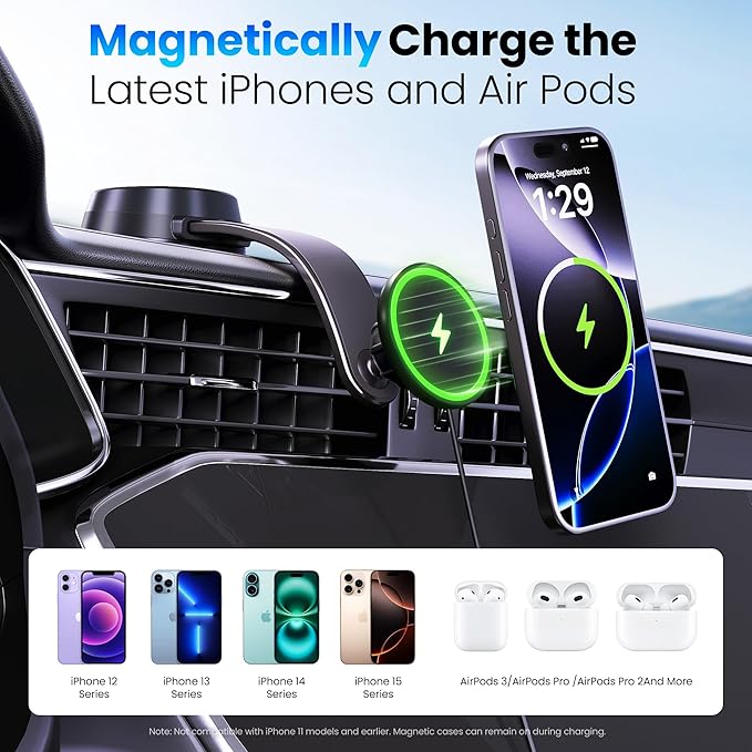 Upgrade [Qi2-Certified] 15W for MagSafe Wireless Car Charger Mount, 2XFast Charging[90+LBS Safe Suction] Magnetic Phone Holder Dashboard Windshield for iPhone 17/16/15/14/13/12 Pro Max,Black