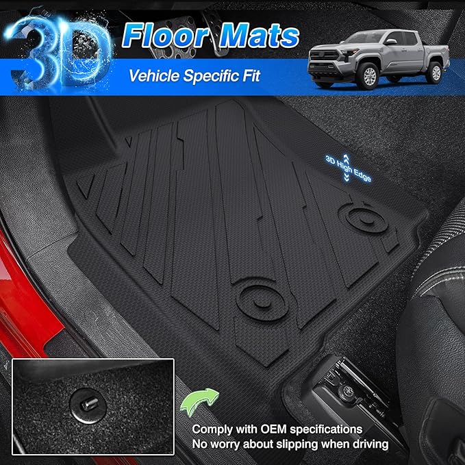 Floor Mats for Toyota Tacoma 2024 2025 2026 Double Cab (Not fit Hybrid) All Weather Floor Mat for Tacoma Accessories Heavy Duty TPE Floor Liners (Automatic Transmission)