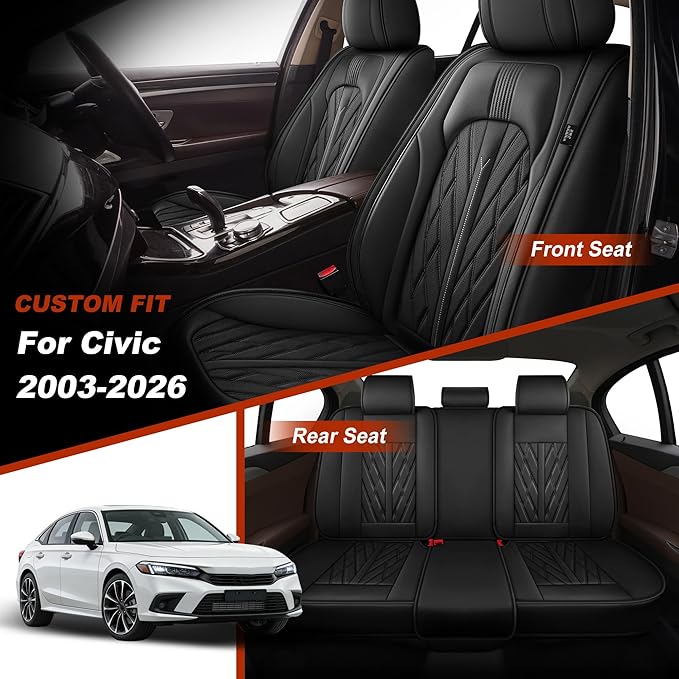 TTX LIGHTING Seat Covers Fit for Honda Civic 2003-2026 Full Set Car Seat Covers Faux Leather Breathable Car Seat Protector (5 Seats, Black)