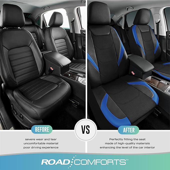 Road Comforts Car Seat Cover, Leather Mesh Front Seat Cover, Universal Fit for Most Cars, SUVs, Trucks, and Vans, Airbag Compatible - Blue