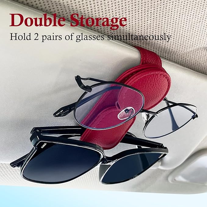 KIWEN Sunglasses Holder for Car Visor, Magnetic Leather Sunglass Eyeglass Hanger Clip for Car Sun Visor Accessories (1, Red)