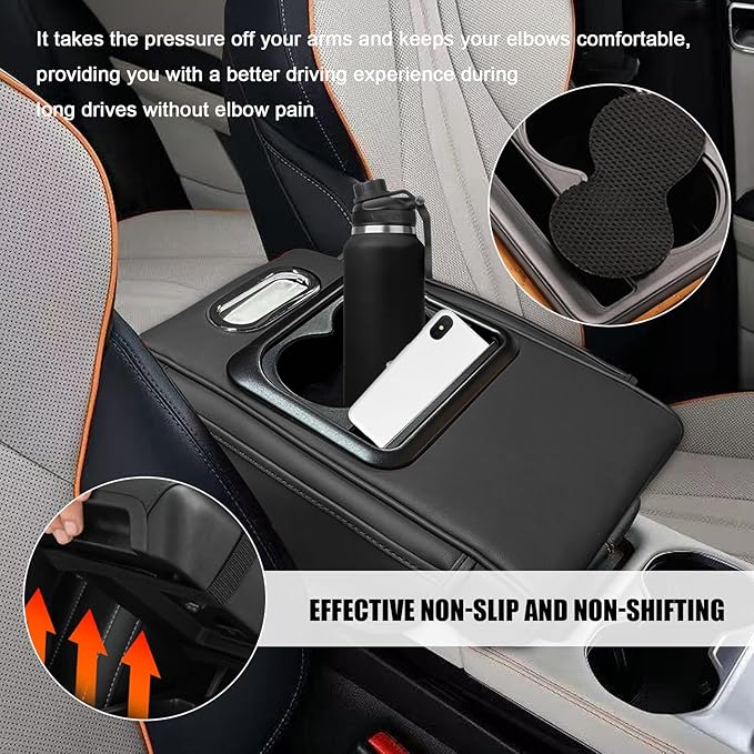 Car Center Console Armrest Pillow, Leather Arm Rest Cover Pad with 2 Storage Pockets Cup Holder & Phone Slot, Soft Middle Console Cushion Protector for Most Vehicles (Black, Normal)