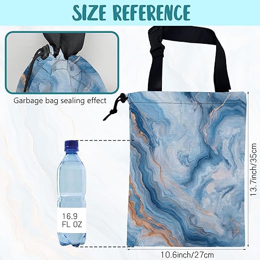 KXWQTRDD Car Garbage Bag Abstract Blue and Gold Marble Drawstring Car Trash Bag Hanging for Back Seat with Adjustable Buckle Canvas Vehicle Trash Can Easy-to-Install