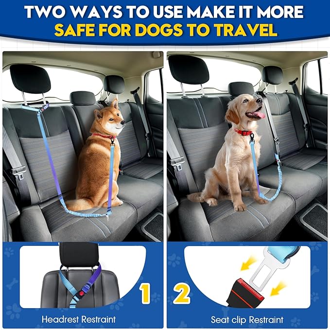 2 Piece Dog Car Seat Belt Harness Retractable Restraint for Car Headrest Adjustable Heavy Duty & Elastic & Durable Dog Car Seat Belt (Blue)