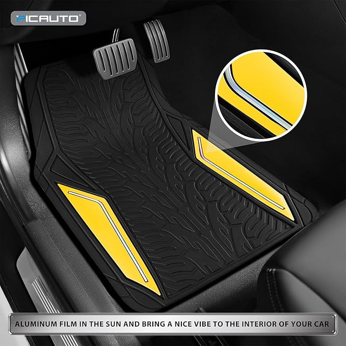 PIC AUTO Rubber Floor Mats, Yellow Aluminum Film with Colorful Piping Floor Mats for Cars, Car Mats with Non-Slip Backing, All-Weather Protection, Trim-to-Fit Liner for Cars, SUVs, Trucks, Vehicles