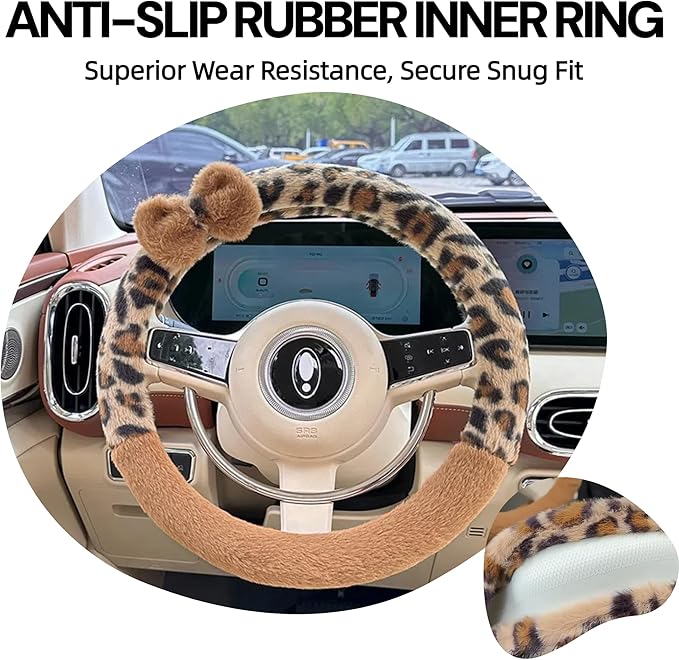 Car Steering Wheel Cover with Leopard Print & Cute Bowknot Soft Anti-Slip Y2K Retro Luxury Fluffy Fur Car Interior Accessory (Leopard Set 3)