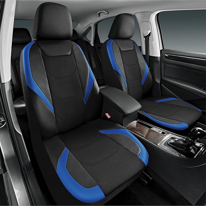 Road Comforts Car Seat Cover Full Set, Leather Mesh Seat Covers, Airbag Compatible, Universal Fit for Most Cars, SUVs, Trucks, and Vans - Blue