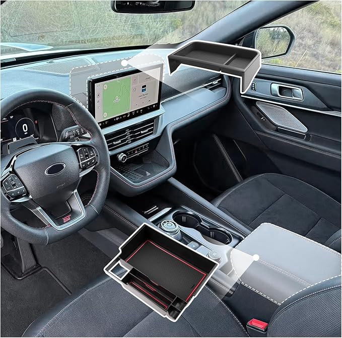 SXCY 2PCS for 2025 2026 Ford Explorer Screen Back Tray + Center Console Organizer (Red Mat) for Ford Explorer 2025 2026 Accessories for 2025 2026 Ford Explorer Dashboard Organizer