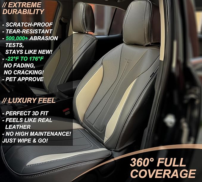 PINCTROT Car Seat Covers Front Set, Breathable Soft Pebbled Leather, Luxury Waterproof Seat Cushion, Airbag Compatible, Seat Protector Universal Fit Most Cars (Front Set, Grey Beige)