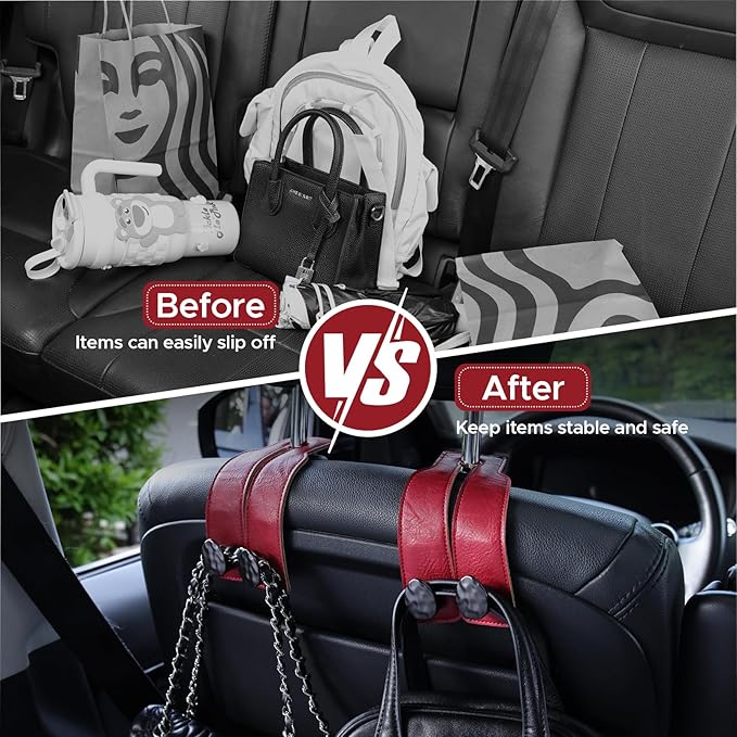 URIZZD 2PCS Leather Car Seat Hooks for Headrest, Vehicle Hanger Storage Organizer Universal for Handbag Purse, Car Accessories Gift (Red-Black)