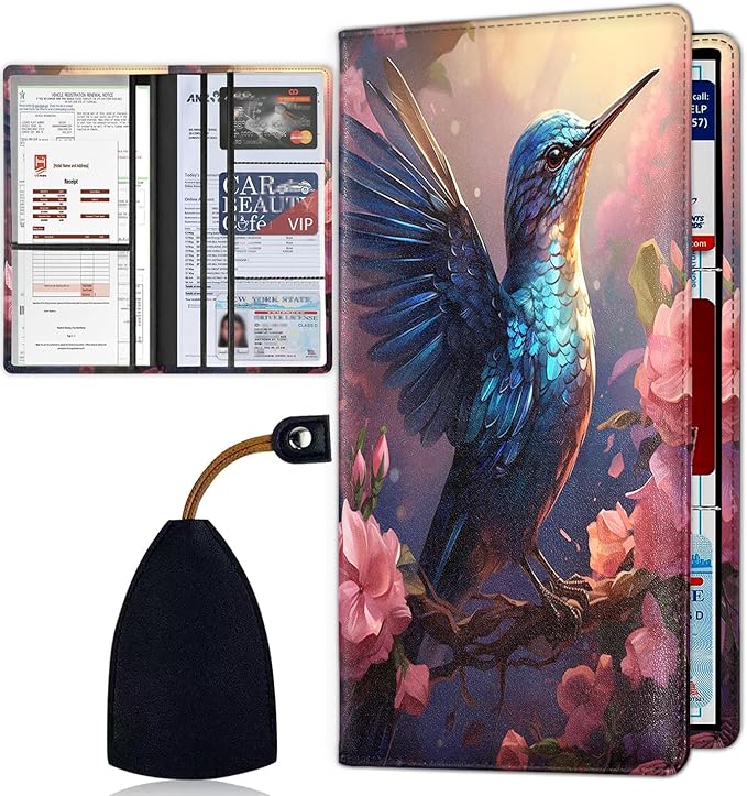 Car Document Holder with Magnetic Shut, Car Registration & Insurance Card Holder, Waterproof PU Leather Glove Box Organizer Vehicle Accessories Driver License for Women/Men, Hummingbird Pattern