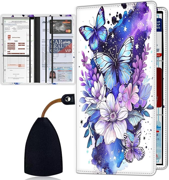 Car Registration Holder, Waterproof PU Leather Vehicle Card Document Glove Box Organizer, Women Interior Auto Accessories Case for Cards, Driver License Car Insurance Holder, Butterfly Pattern