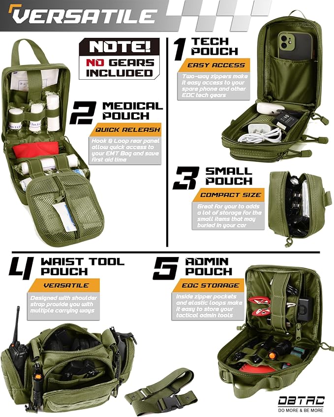 DBTAC Tactical Molle Car Seat Organizer | Vehicle Back Panel with 5X Detachable Pouches, US Flag & Writable Reflective Patch for Cars, Trucks, SUVs, Sedans