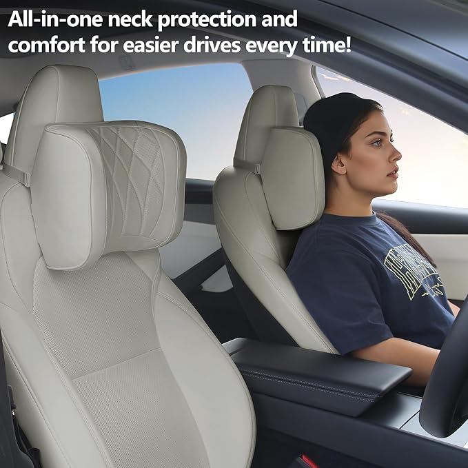 Dapucarin Car Headrest Pillow U-Shaped, Memory Foam Head Neck Support Cushion for Driving, Leather Head Rest Travel Pillows for Sleeping, Breathable Removable Cover, Gray, 1 Pack