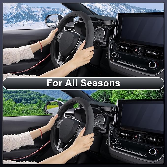 COFIT 15 inch Microfiber Suede Car Steering Wheel Cover, Universal Anti-Slip Grip Protector for SUV Truck, Black & Grey