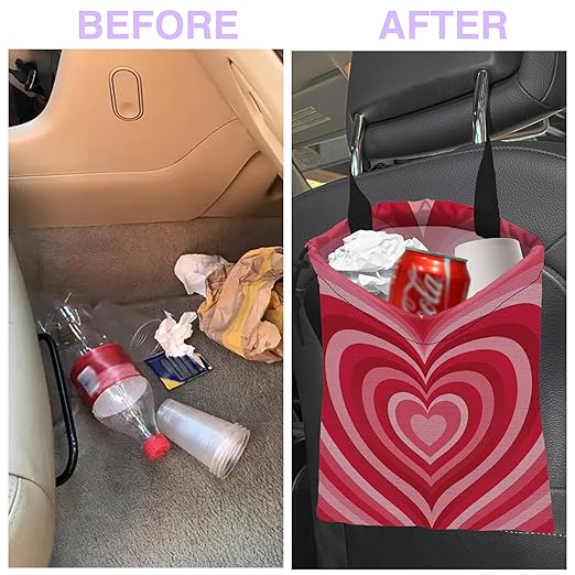 UUCBTAH Car Trash Bag Pink Heart Car Trash Bin Leakproof Waterproof Car Trash Can for Back Seat, Foldable Car Garbage Bag with Adjustable Straps and Drawstring for Car Accessories