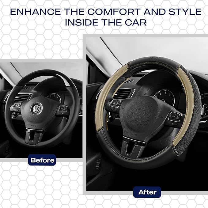 Skechers Air-Cooled Steering Wheel Cover,Leather Car Steering Wheel Cover Universal Fit 14" 1/2-15" Car Wheel Protector for Men Women Fit Suvs,Vans,Sedans,Car,Trucks,Beige